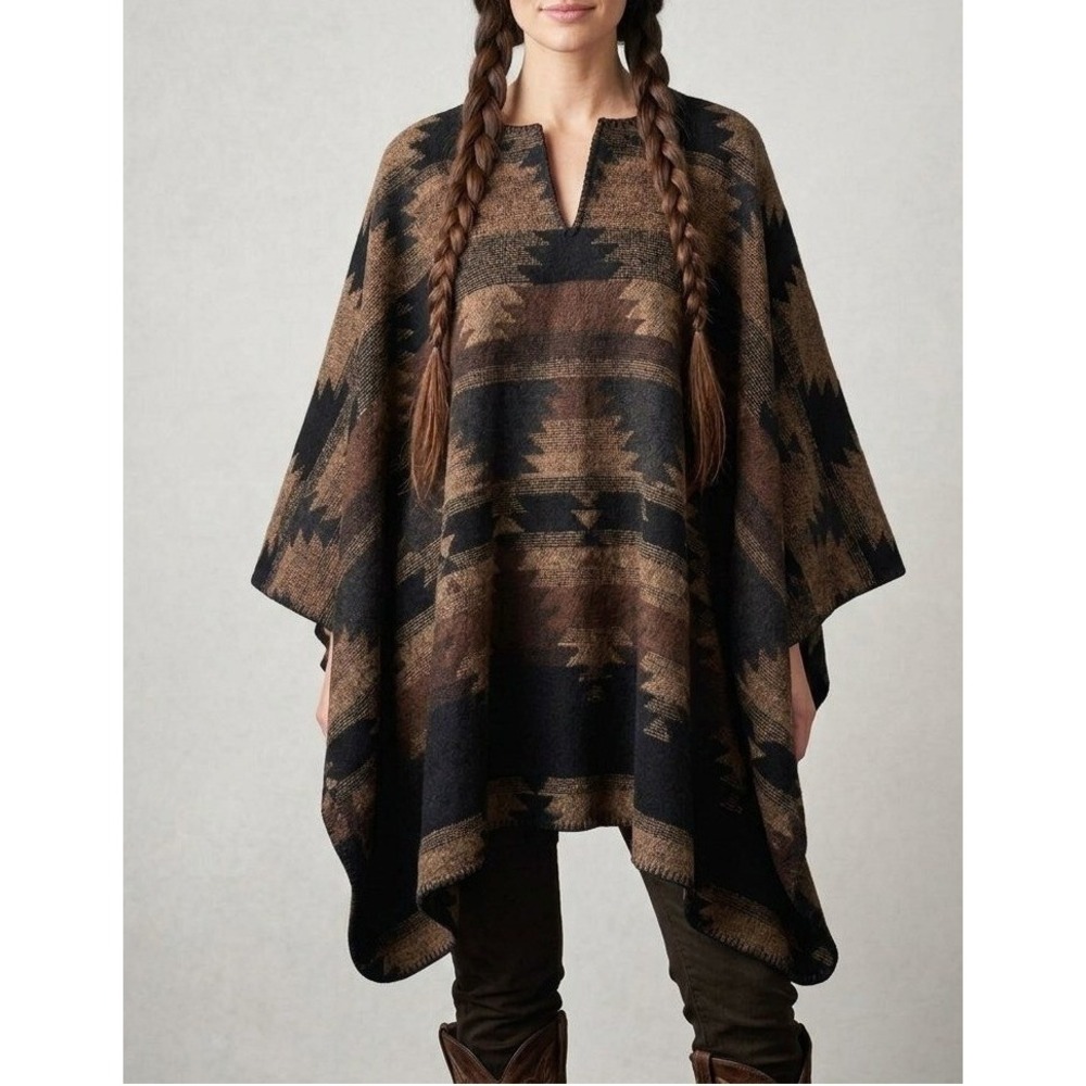 90s Vintage Rhonda Stark Black Brown Tan Wool Blend Southwestern Blanket Poncho